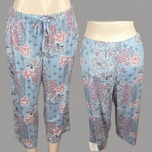 Jaclyn Intimates L Light Blue Floral Capri Pajama Pants Lounge Side Pockets